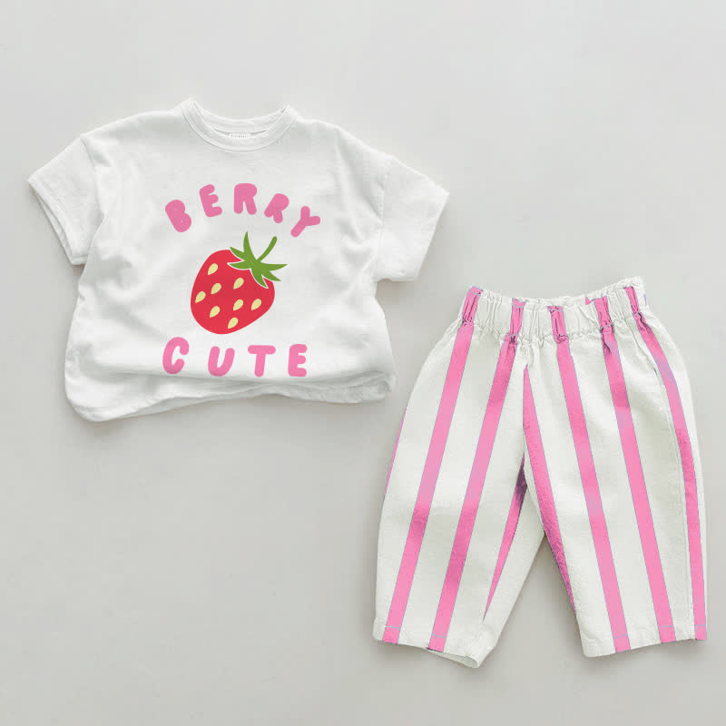 Completo da bambina BERRY CUTE a 2 pezzi con righe verticali rosa. - Bianco e rosa - 2-3T - image 1