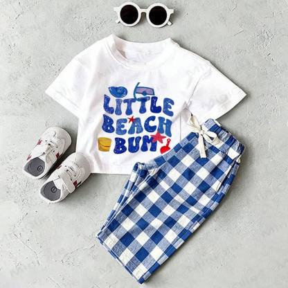 Completo 2 pezzi per neonato LITTLE BEACH BUM: maglietta bianca e pantaloni a quadri blu. - Bianco e Blu - 2-3T - image 1