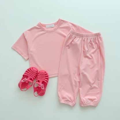 Set pigiama per neonato composto da maglietta e pantaloni a tinta unita, due pezzi. - Rosa - 6-7T - image 2