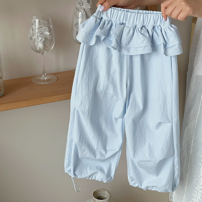 Pantaloni da bambina a tinta unita con volant in vita e coulisse. - Blu - 10-11T - image 3