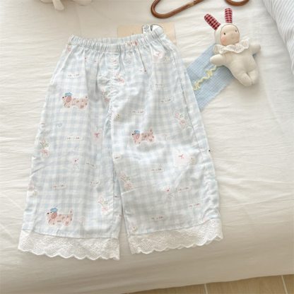 Pantaloni da bambina a quadretti/tinta unita con bordo in pizzo - image 3