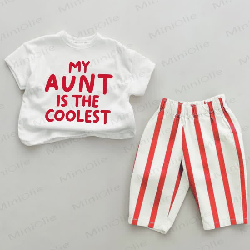 Completo da neonato a 2 pezzi con slogan "MIA ZIA È LA PIÙ COOL" e righe rosse. - Bianco e Rosso - 4-5T - image 1