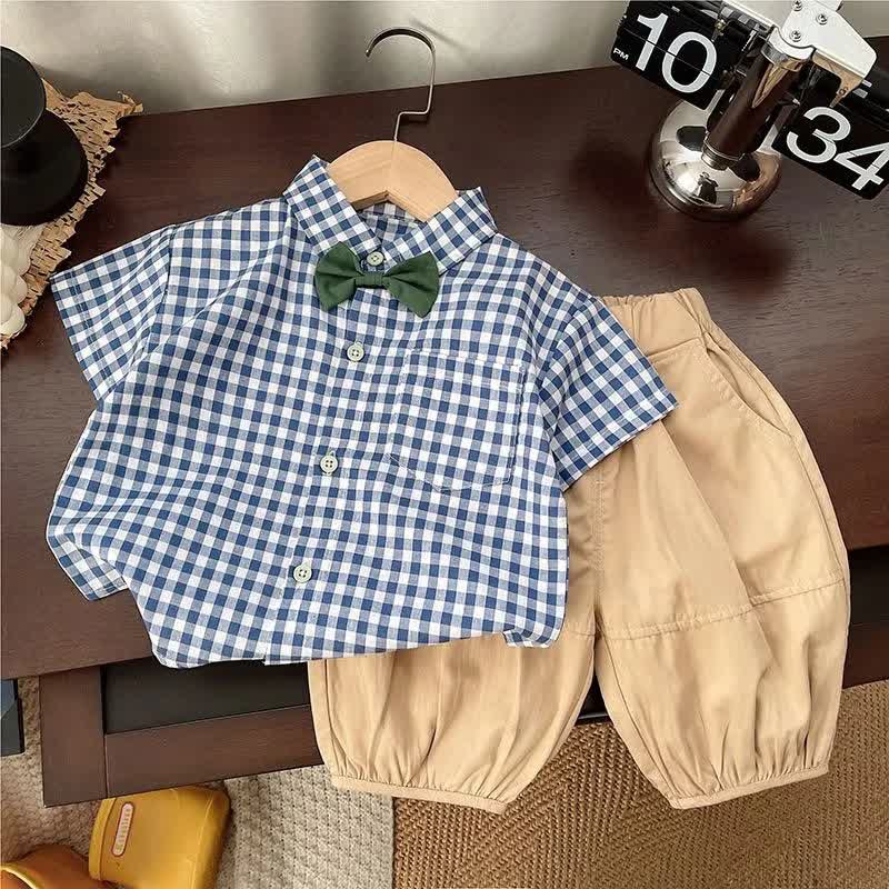 Completo da neonato composto da top a quadretti azzurri con fiocco e pantaloni beige. - Blu e beige - 4-5T - image 1