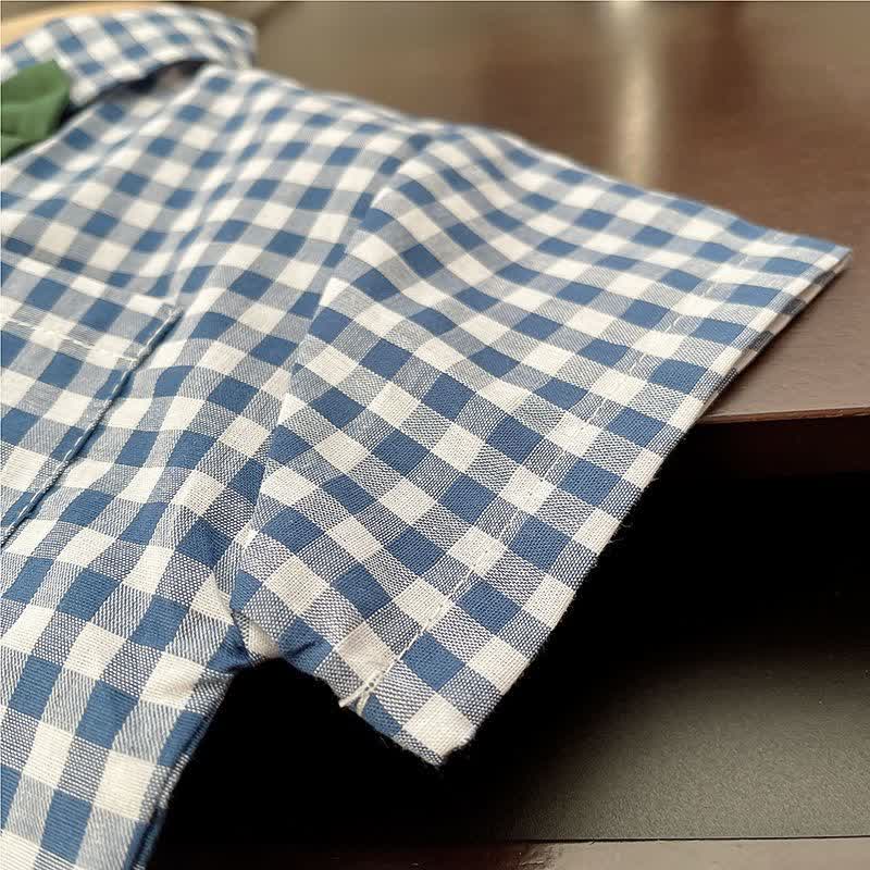 Completo da neonato composto da top a quadretti azzurri con fiocco e pantaloni beige. - image 8