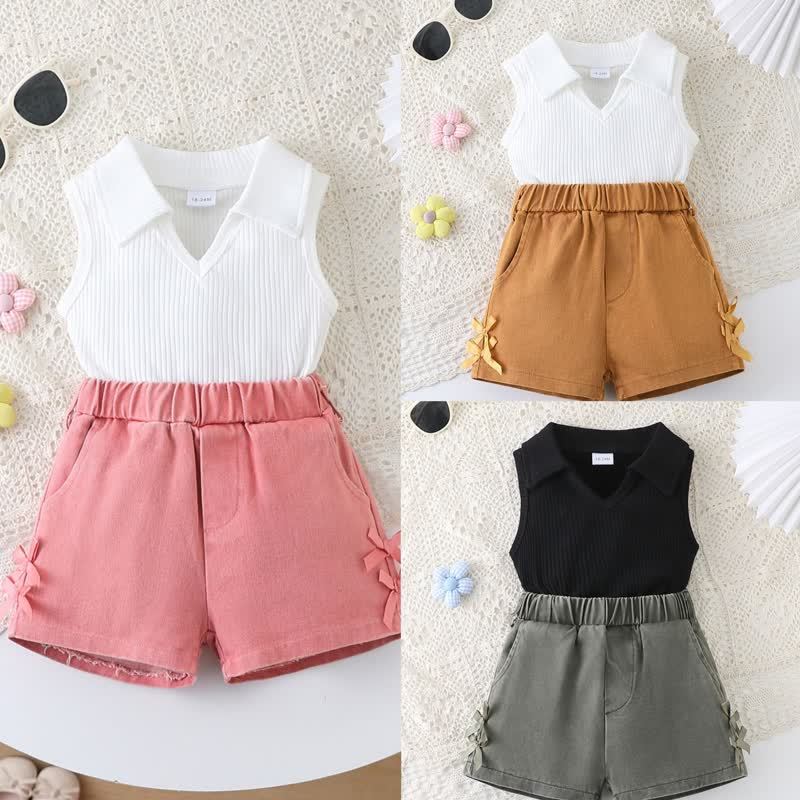 Completo da bambina composto da top senza maniche a coste e pantaloncini, due pezzi. - image 1