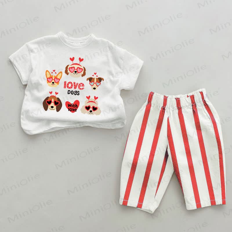 LOVE DOGS WITH LOVE Completo da 2 pezzi per neonati a righe verticali bianche e rosse - Bianco e Rosso - 4-5T - image 1