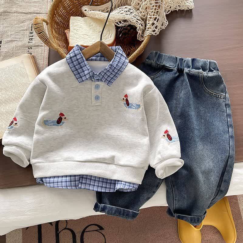 Completo per neonato/a con stampa bassotto, composto da felpa con colletto a strati e pantaloni in denim. - Set grigio - 4-5T - image 1