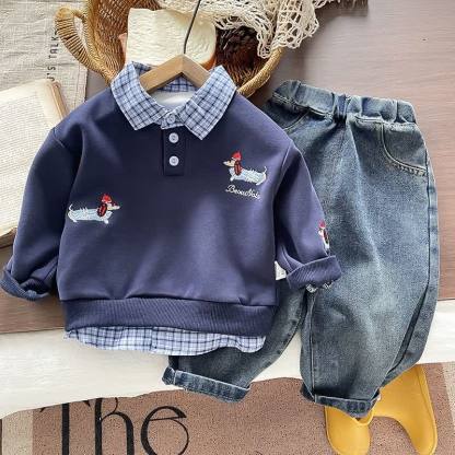 Completo per neonato/a con stampa bassotto, composto da felpa con colletto a strati e pantaloni in denim. - Set blu navy - 4-5T - image 2