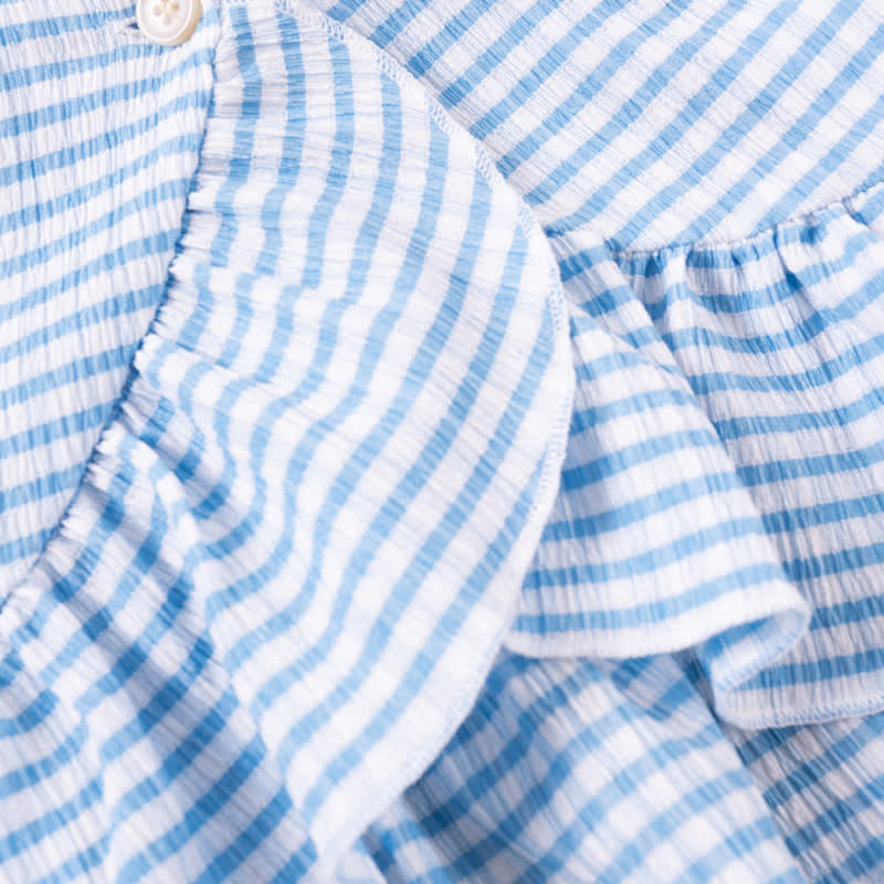 Completo da bambina composto da top senza maniche a righe con volant e pantaloni. - image 10