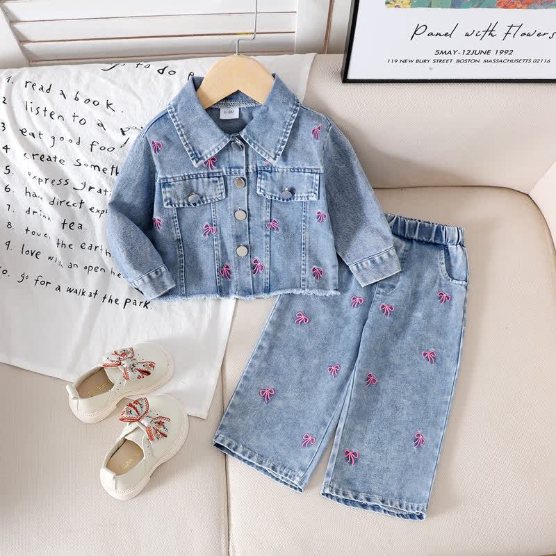 Completo da bambina in denim blu con fiocco ricamato, composto da due pezzi. - Blu - 2-3 anni - image 1