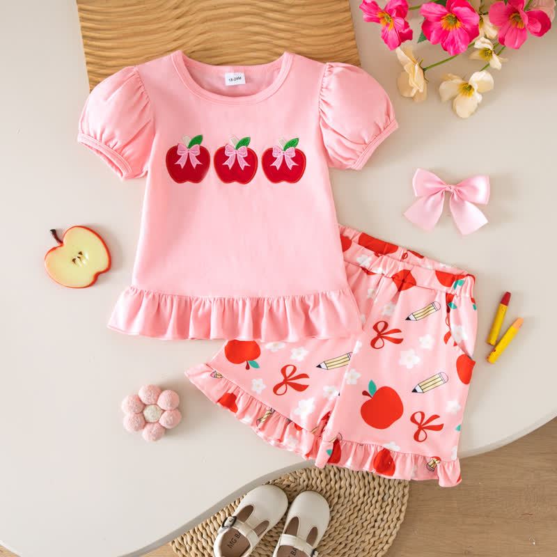 Completo da bambina composto da top e pantaloncini rosa con mela e fiocco, due pezzi. - Rosa - 5-6 anni - image 1