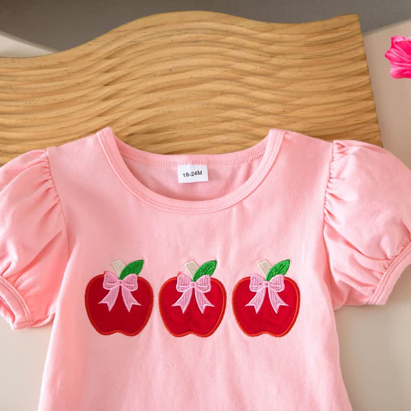 Completo da bambina composto da top e pantaloncini rosa con mela e fiocco, due pezzi. - image 3