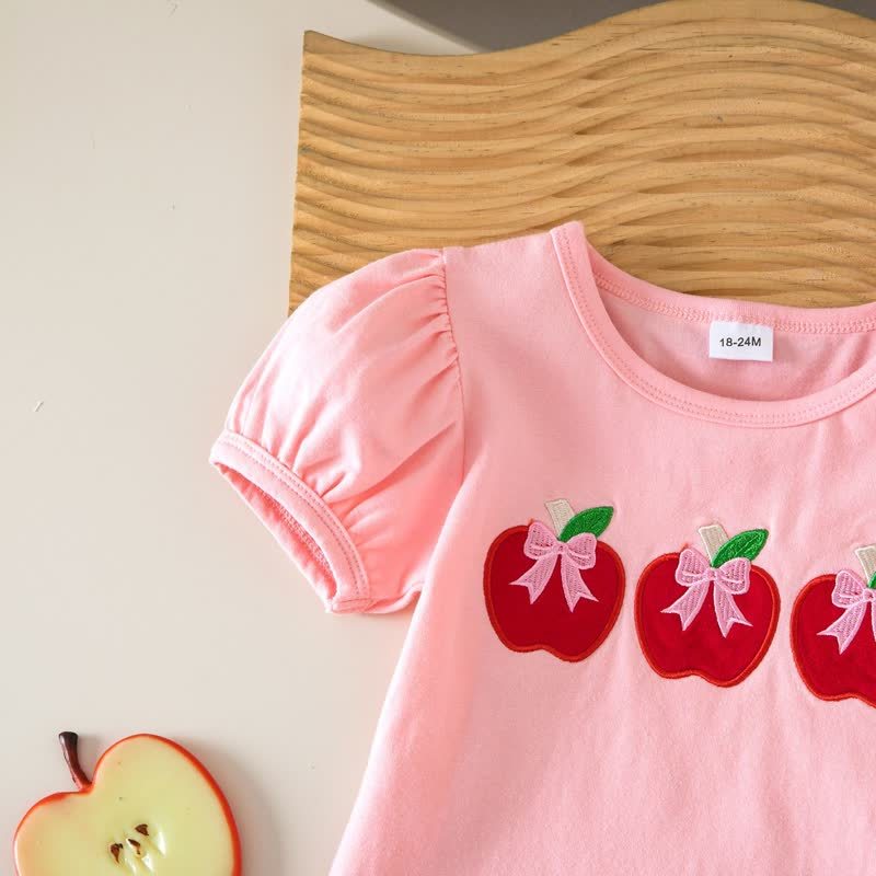 Completo da bambina composto da top e pantaloncini rosa con mela e fiocco, due pezzi. - image 4