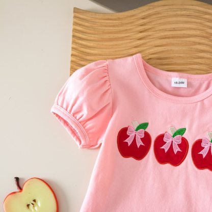 Completo da bambina composto da top e pantaloncini rosa con mela e fiocco, due pezzi. - image 4