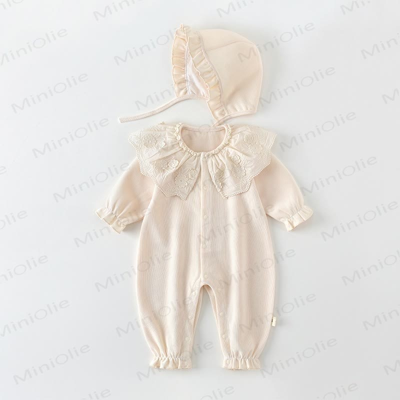 Tutina a maniche lunghe con colletto a volant e stampa floreale per bambina, con cappellino abbinato. - Tutina beige con cappello - 18-24 mesi - image 1