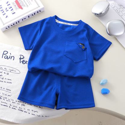 Completo per bambini composto da top a nido d'ape in tinta unita con tasche e pantaloncini. - Blu - 8-9T - image 2