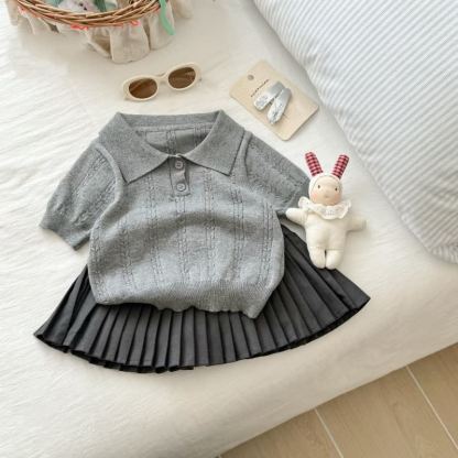 Completo da bambina composto da polo grigia in maglia e gonna. - Grigio - 6.5-8T - image 1