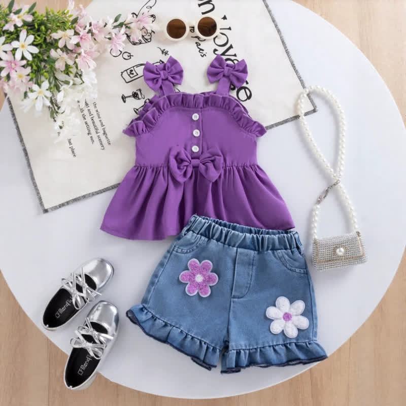 Completo da bambina composto da top senza maniche viola con fiocco e fiori e pantaloncini in denim. - Viola - 2-3 anni - image 1