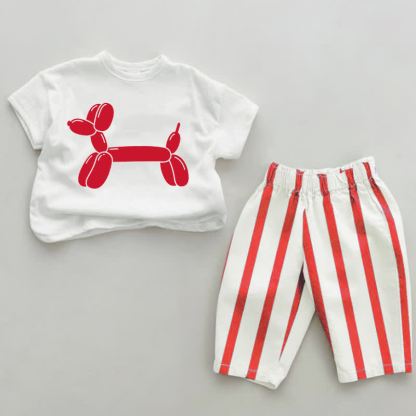 Set di 2 pezzi Baby Balloon Dog a righe verticali bianche e rosse. - Bianco e Rosso - 4-5T - image 1