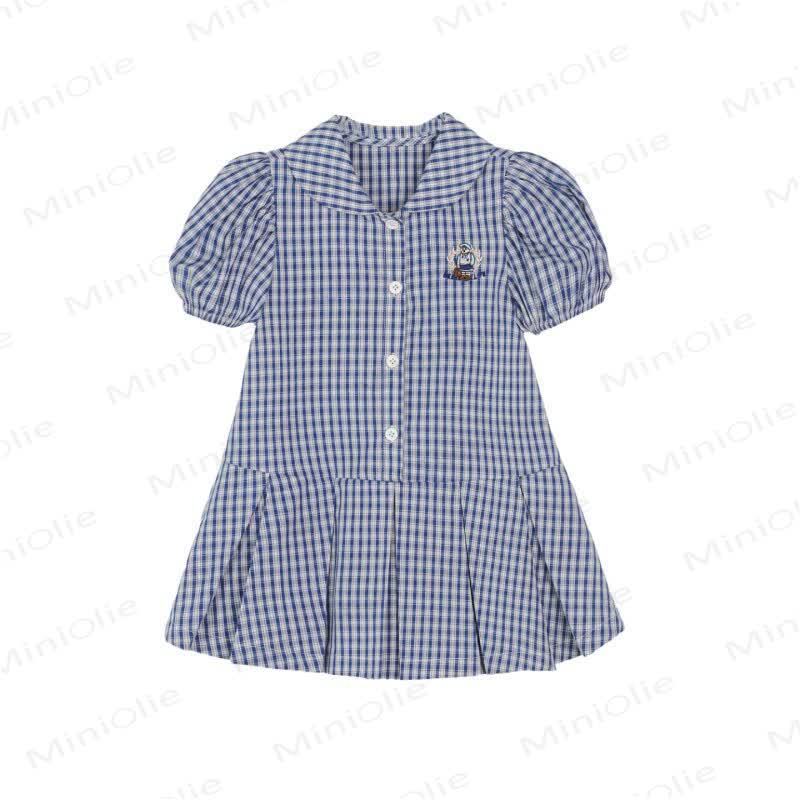 Vestitino per bambina a quadretti blu navy con maniche a sbuffo. - image 2