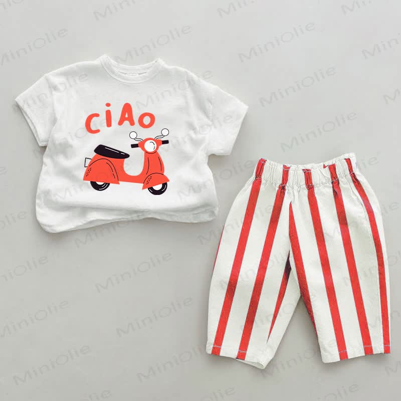 Completo CIAO per neonati e bambini piccoli, a righe verticali rosse, composto da 2 pezzi. - Bianco e Rosso - 4-5T - image 1