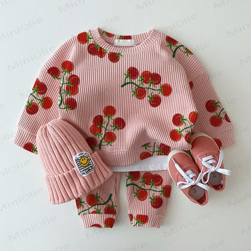 Completo due pezzi con felpa rosa waffle con stampa pomodorini - Rosa - 18-24 mesi - image 1