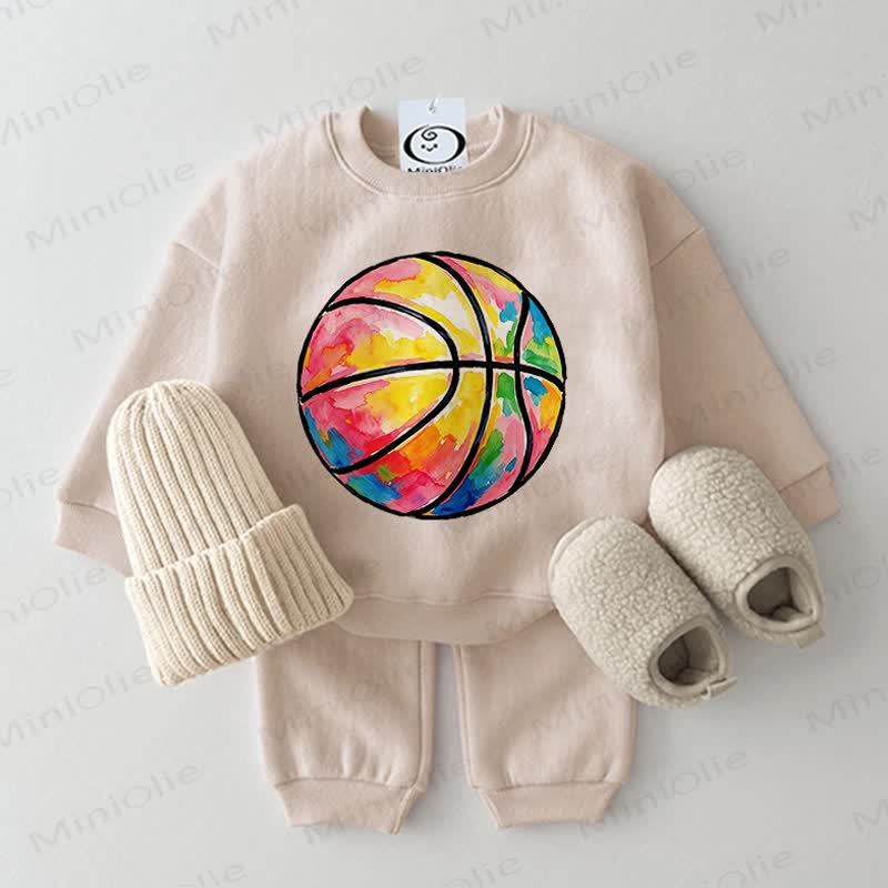 Completo da due pezzi per neonati con felpa e stampa a tema basket color beige. - Beige - 2-3T - image 1