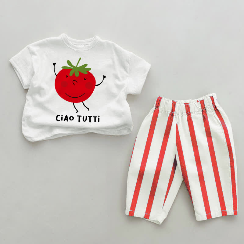 CIAO TUTTI Set 2 pezzi Baby Tomato a righe verticali bianche e rosse - Bianco e Rosso - 4-5T - image 1