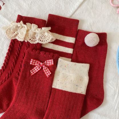 Calzini per neonati e bambini piccoli a righe rosse/con fiocco - image 11