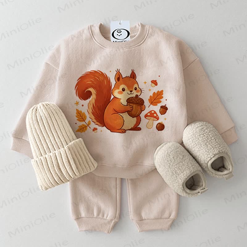 Completo per neonati in due pezzi, beige, con stampa di scoiattolo in stile cartone animato. - Beige - 2-3T - image 1