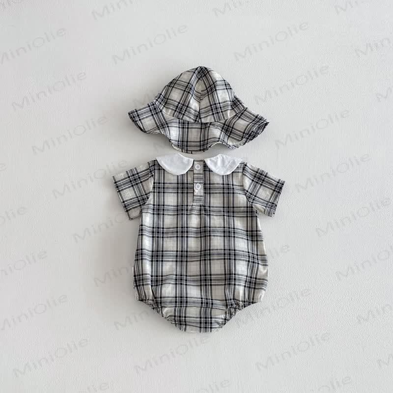 Body da neonato a quadretti con colletto Peter Pan e cappellino - image 4