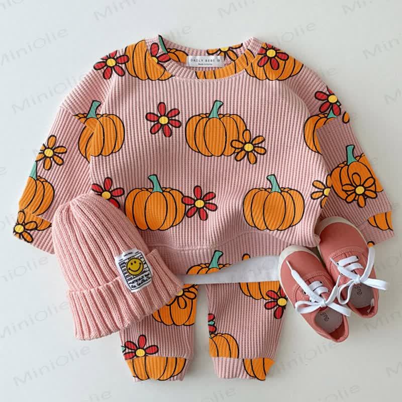 Set di 2 pezzi in tessuto waffle con stampa di zucche e margherite rosa chiaro. - Rosa - 2-3T - image 1