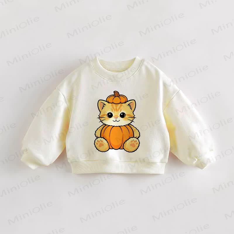 Felpa color crema per neonati e bambini con stampa di zucche e gatti - Crema - 3-5T - image 1
