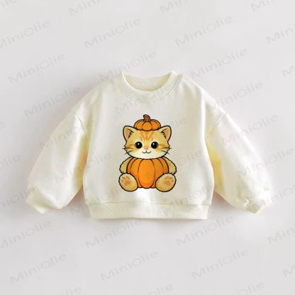 Felpa color crema per neonati e bambini con stampa di zucche e gatti - Crema - 3-5T - image 1