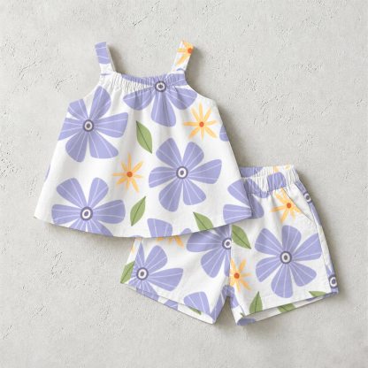 Completo per neonata/bambina con stampa floreale viola e maniche corte - Bianco - 3-5T - image 1