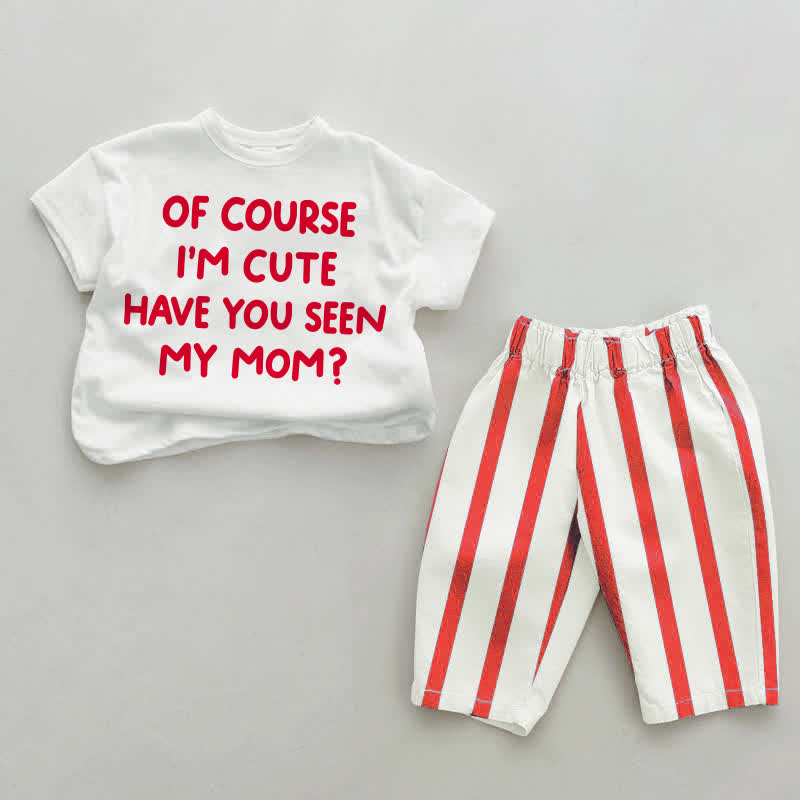 CERTO CHE SONO CARINO, HAI VISTO MIA MAMMA? Completo da neonato composto da maglietta e pantaloni a righe bianche e rosse. - Bianco e Rosso - 4-5T - image 1