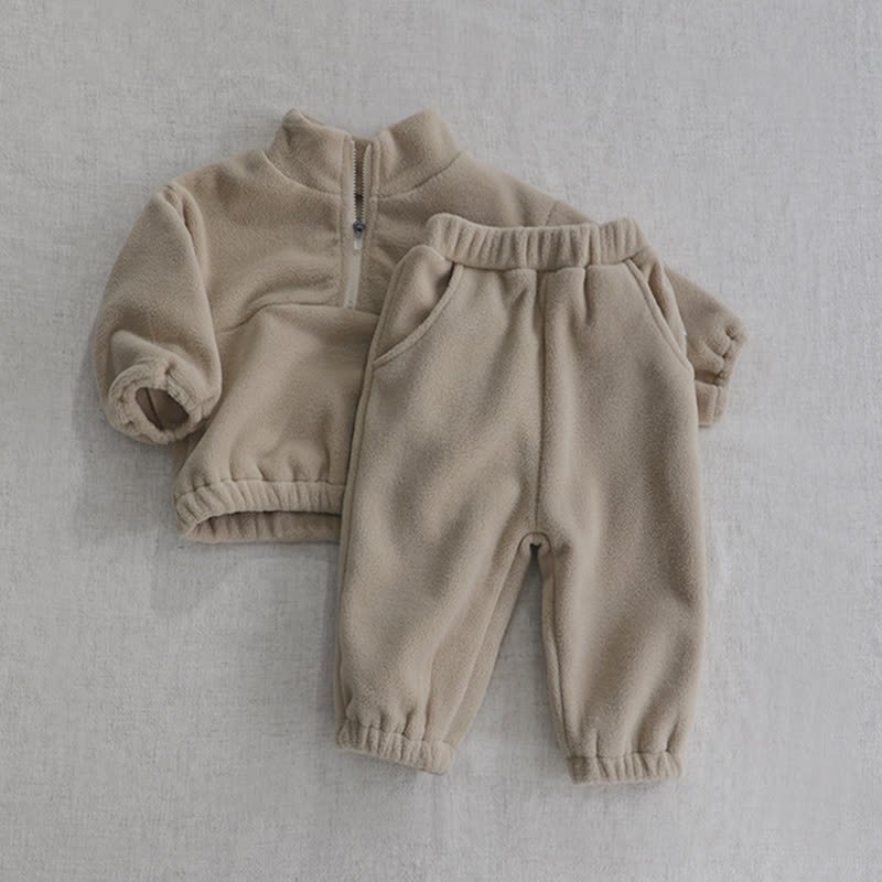 Completo per neonato/a composto da top e pantaloni in pile a tinta unita con mezza zip. - Beige - 5-6 anni - image 2