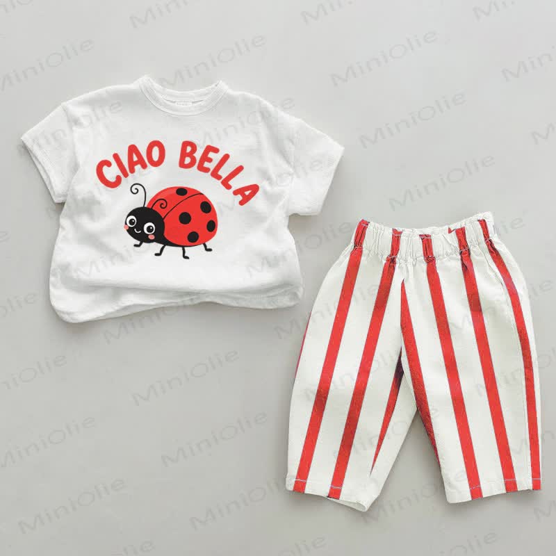 Completo 2 pezzi CIAO BELLA Baby con pantaloni a righe rosse. - Bianco e Rosso - 4-5T - image 1