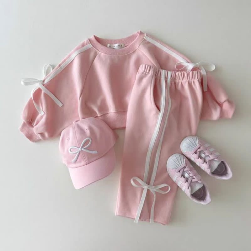 Completo da bambina composto da felpa e pantaloni con fiocco, due pezzi. - Rosa - 4-5T - image 1