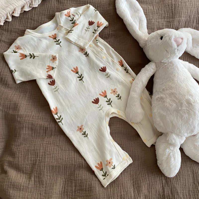 Tutina corta in cotone con motivo floreale per neonati - Beige - 2-3T - image 1