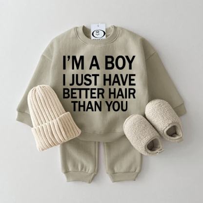 Sono un ragazzo, ho solo capelli più belli dei tuoi. Set di 2 pezzi felpa grigio-verde per neonati. - Grigio Verde - 2-3T - image 1