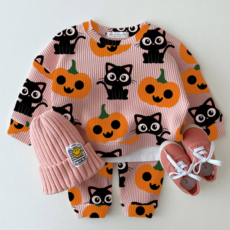Set di 2 pezzi con stampa di zucca e gatto rosa baby a nido d'ape. - Rosa - 2-3T - image 1