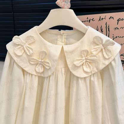 Camicia da bambina vintage con stampa floreale 3D e colletto a balze. - image 4