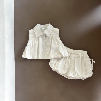 Completo per bambina composto da canotta e pantaloncini in cotone a tinta unita - Bianco - 4-5T - image 3