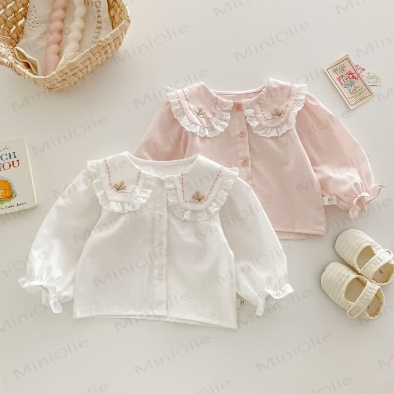 Camicia da bambina in cotone con colletto Peter Pan ricamato - image 1