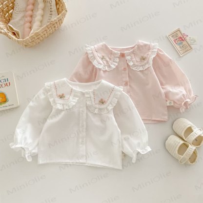 Camicia da bambina in cotone con colletto Peter Pan ricamato - image 1