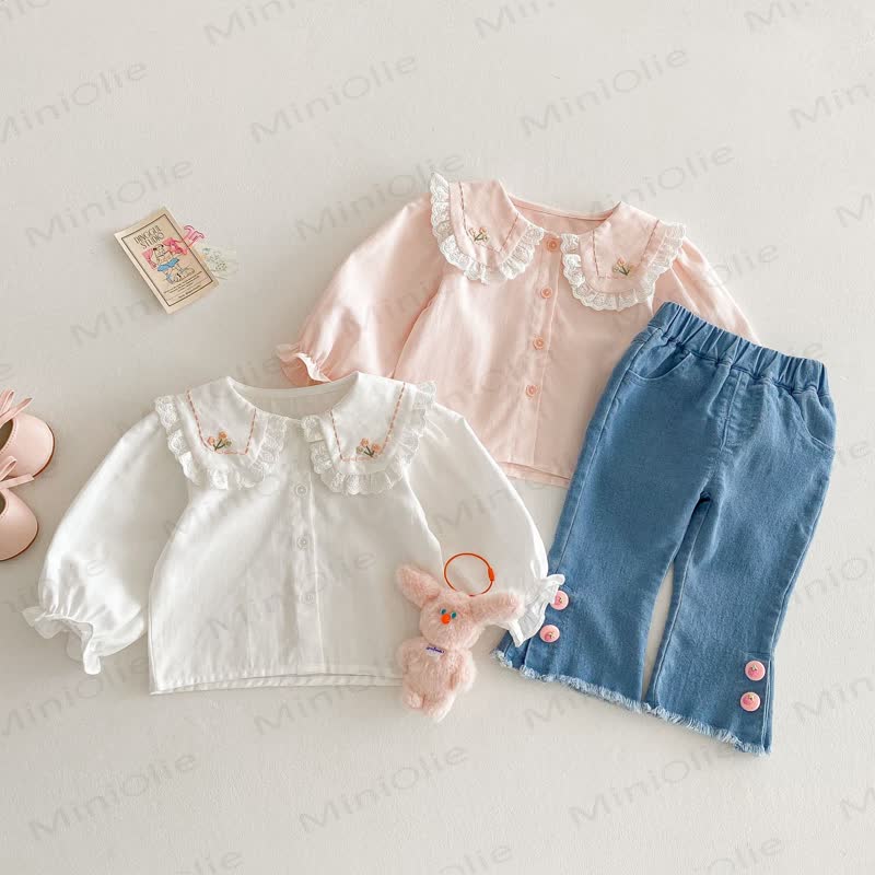 Camicia da bambina in cotone con colletto Peter Pan ricamato - image 2