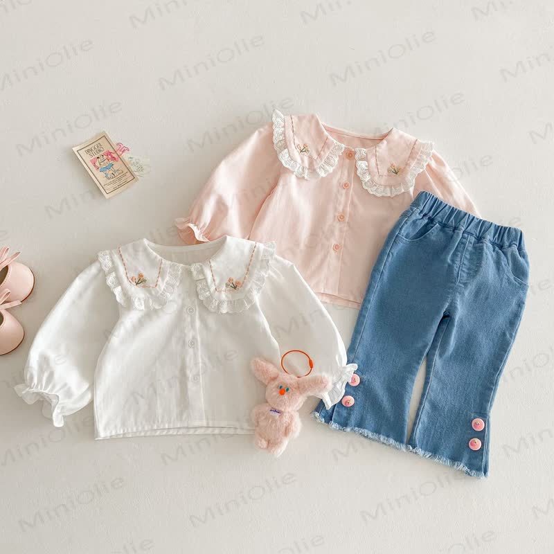 Camicia da bambina in cotone con colletto Peter Pan ricamato - image 2