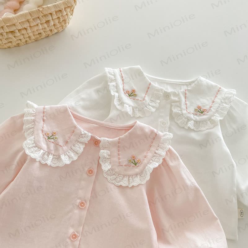 Camicia da bambina in cotone con colletto Peter Pan ricamato - image 5