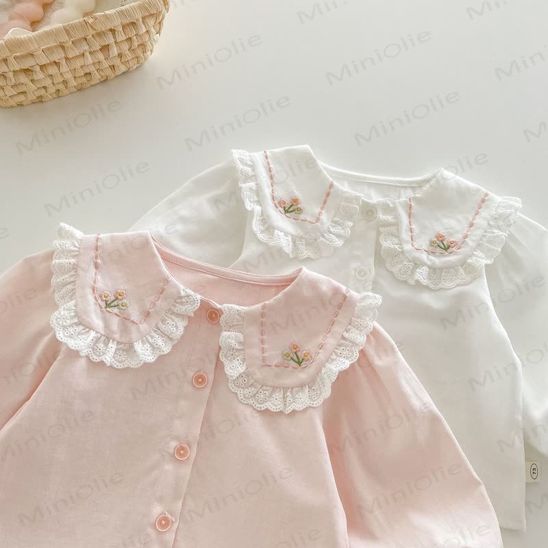 Camicia da bambina in cotone con colletto Peter Pan ricamato - image 5